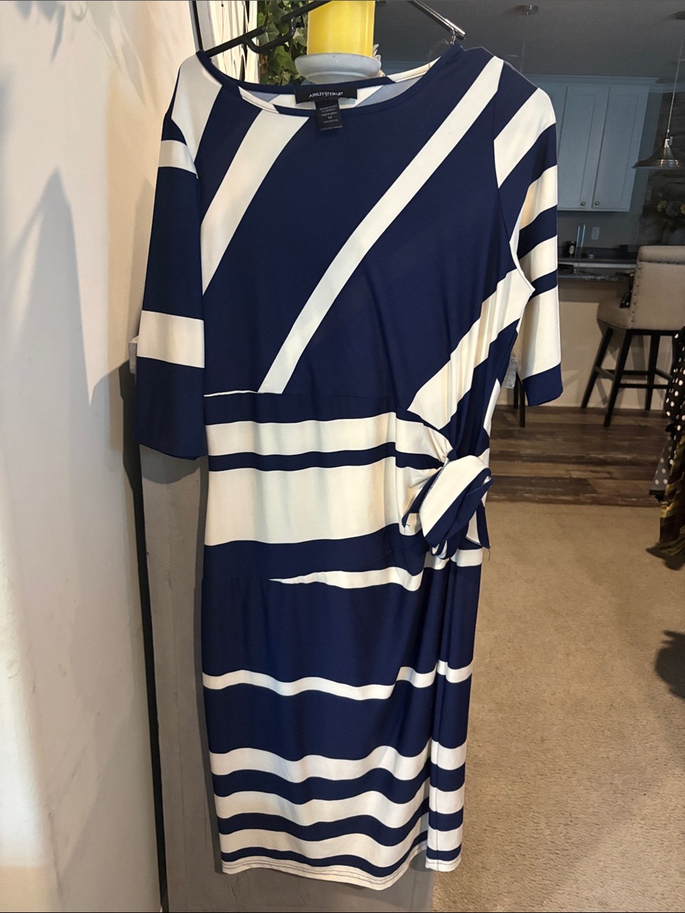 Ashley Stewart Navy and White Striped Midi Dress with Side Knot